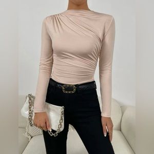 SHEIN Privé Mock Neck Ruched Tee